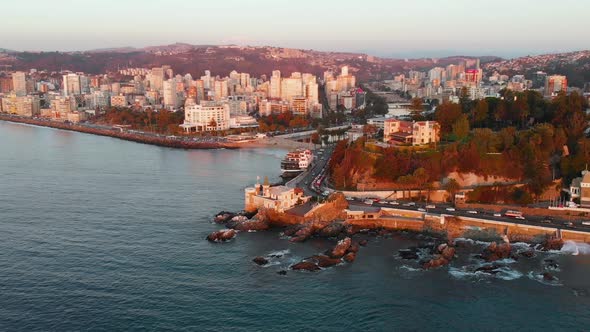 Sunset, Pacific ocean coast, Avenue, Street (Vina del Mar, Chile) aerial view