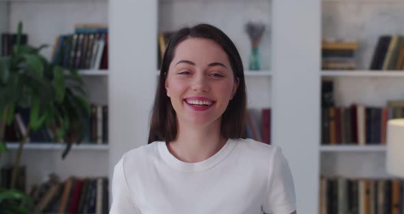 Beautiful Healthy Millennial Woman Smiling at Camera at Home Slow Motion