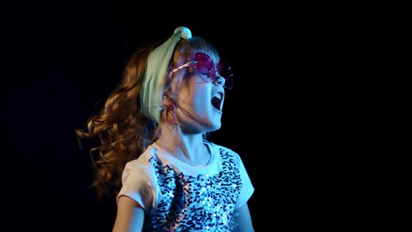 Teen Girl Listening To Music Dancing Making Faces Fooling Around at Disco Cyberpunk Night Club alt