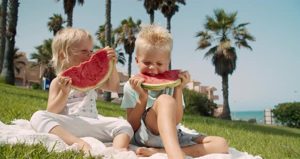 Happy Little Kids Eating Big Slice of Watermelon Outdoors an Playing at Sunlight alt