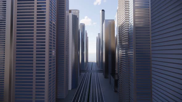 3d render of abstract bright city with skyscrapers. Simple forms of buildings