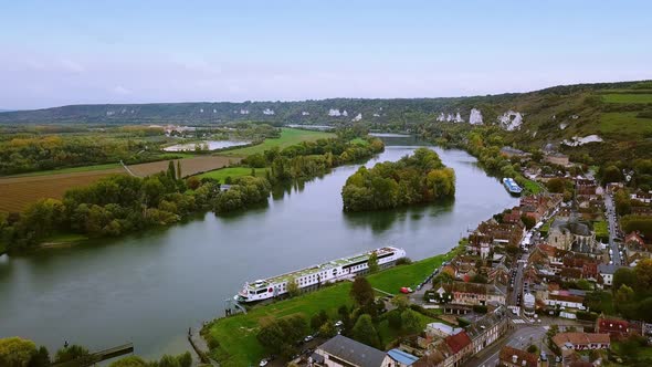 Aerial Drone. City View Les Andelys Chateau Gaillard Castle, , Normandy, France alt