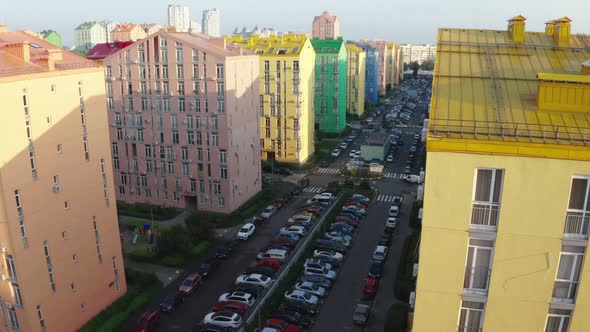 Top view of the colorful modern buildings, aerial footage from the drone alt