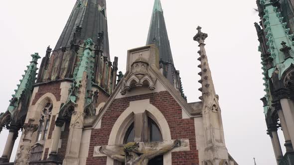Aerial View of Historical Church of Saints Olga and Elizabeth Old Gothic Temple in Town Lviv Ukraine alt