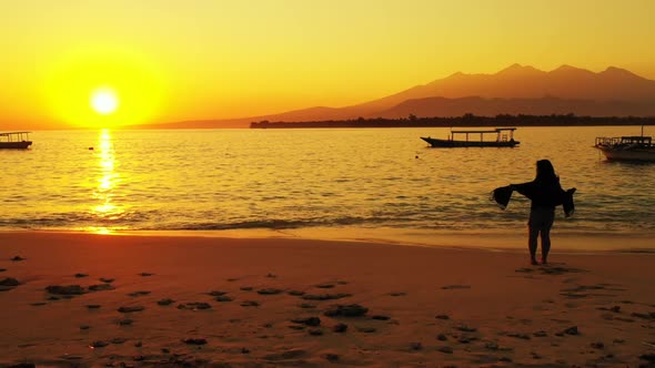 Single lady posing on idyllic sea view beach journey by turquoise sea with white sand background of  alt