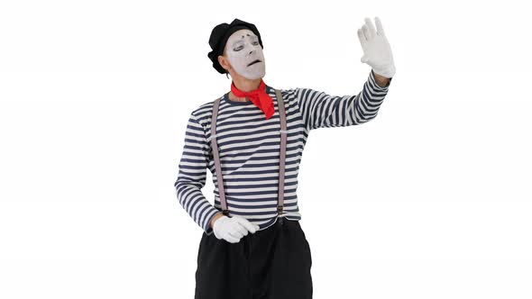 Funny Mime in White Gloves Making Selfie Photos on White Background