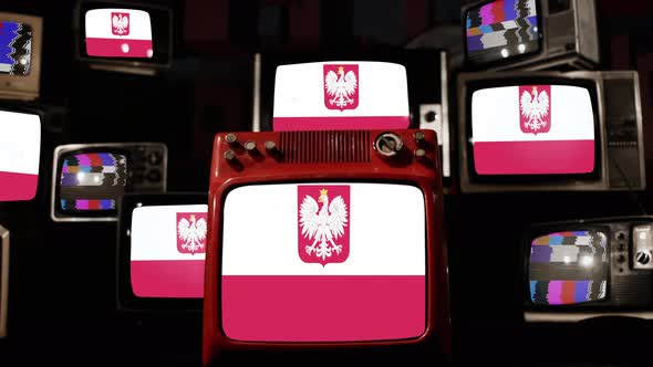 National Flag of Poland with Coat of Arms on Retro TVs. 4K.