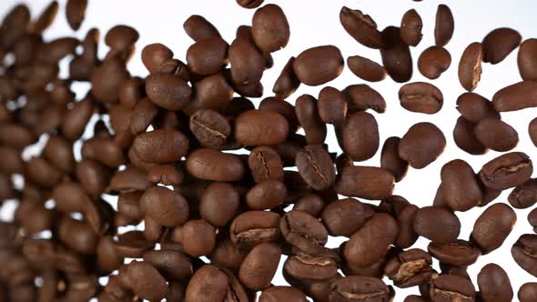 Super Slow Motion Shot of Premium Coffee Beans Falling on Glass Towards The Camera at 1000Fps alt