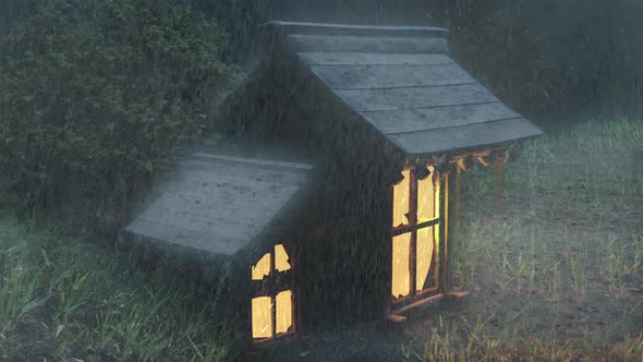 Night Rain Falls On Thatched Roof Beautiful Rain Scenery In The Forest, Weather Nature Lanscape