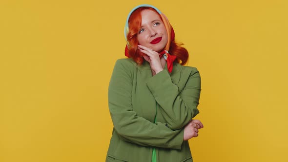 Redhead Woman in Thought Dreaming Imagining Something Pleasant Fantasizing About Weekends Holidays alt