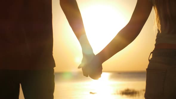 Couple Holding Hands Walking at Seaside at Sunset alt