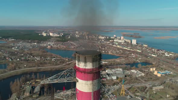 Aerial View of Smoking Chimneys of CHP Plant, Coal-fired Power Station, Close-up