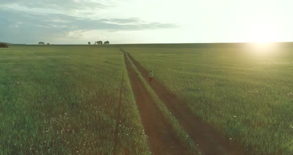 Sporty Child Runs Through a Green Wheat Field alt