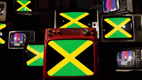Flag of Jamaica on Retro TVs. 4K.