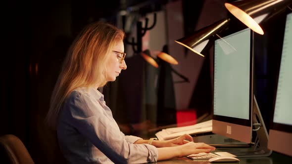 Overworked Tired Businesswoman In Office.Exhausted Businesswoman Remote Chatting Overtime Webinar. alt