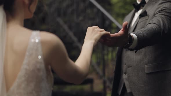 Newlyweds, hands of groom with bride touch each other. Wedding couple in the park, happy family alt