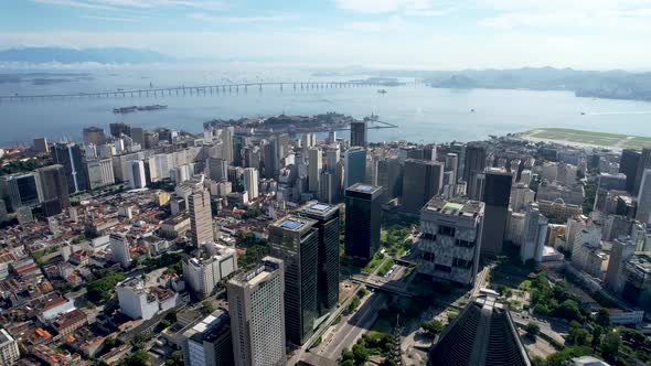 Panning wide view of downtown city of Rio de Janeiro Brazil. Tourism landmark. alt