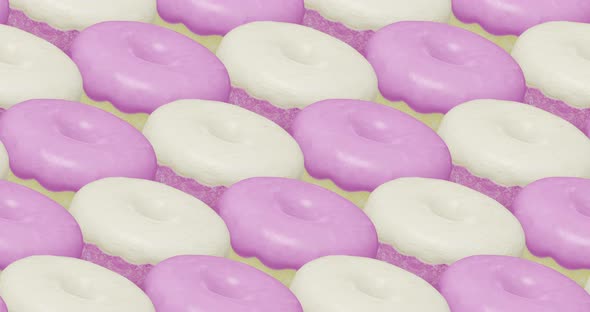 Minimal motion 3d art. Pink and white glazed donuts seamless animation pattern.