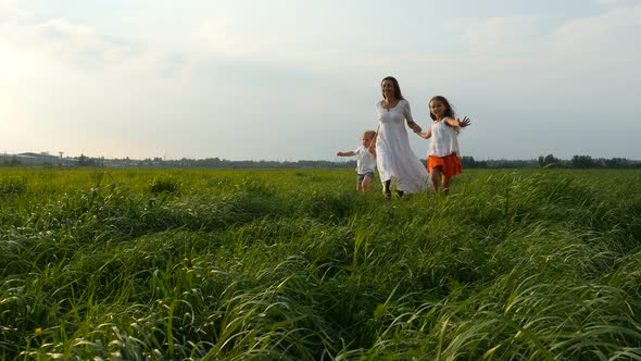 Young Mom Walks and Runs With her Little Children on Green Grass
