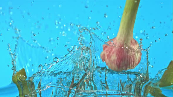 Super Slow Motion Garlic Falls on the Water alt