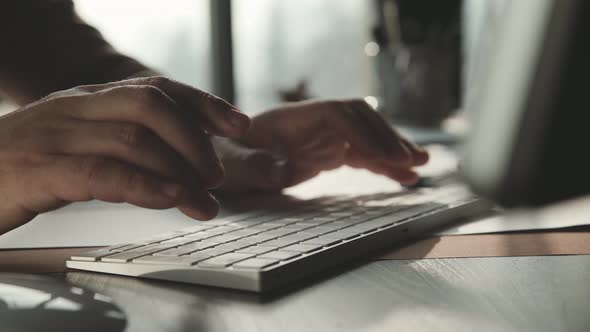 Working on Laptop Computer, Typing on Keyboard, Modern Office Business alt