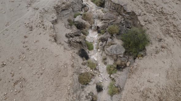 Desert river powerful flow after rain, flood, Israel, aerial shot alt