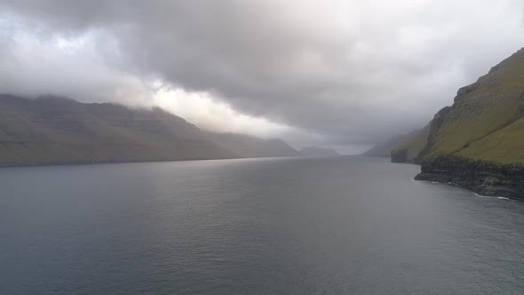 Drone footage of Fjord in Faroe Islands