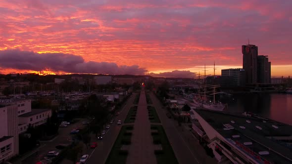 Aerial view of the port of Gdynia in sunset alt
