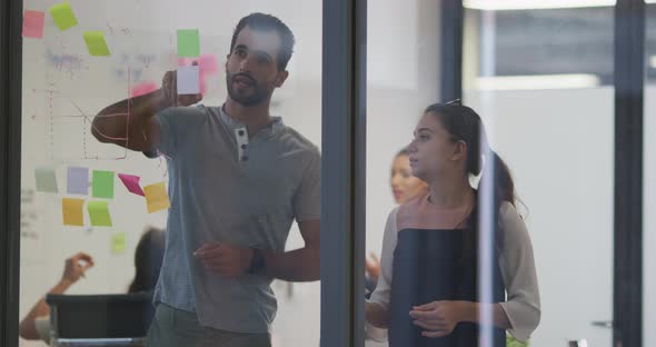 Diverse male and female work colleagues brainstorming using glass wall in meeting room alt