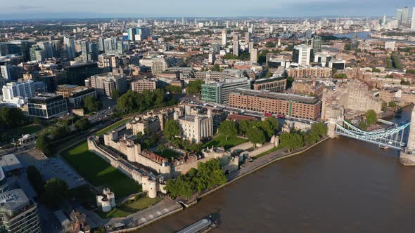 Aerial Panoramic Footage Tower of London Medieval Castle Complex on River Thames Embankment alt