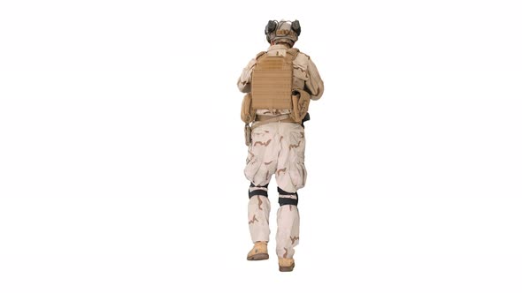 Armed Man in Camouflage with Assault Rifle Looking for a Target on White Background alt