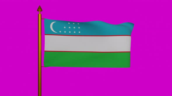 National flag of Uzbekistan waving with flagpole on chroma key, Republic of Uzbekistan flag textile alt