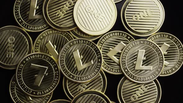 Rotating shot of Bitcoins (digital cryptocurrency) - BITCOIN LITECOIN 303 alt