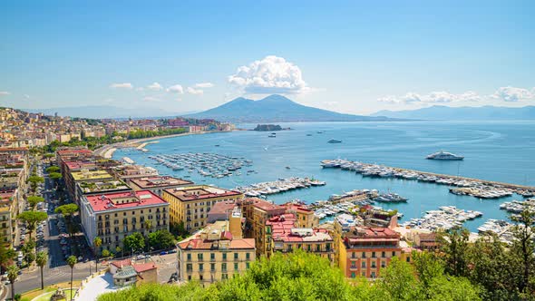 View of the Gulf of Naples from the Posillipo hill with Mount Vesuvius far in the background. alt