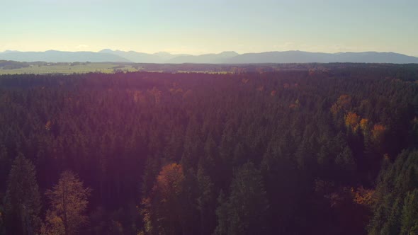 Drone Pan towards the alps with beautiful flare alt