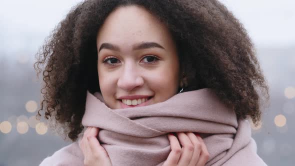 Closeup Beautiful Female Face with Natural Makeup Portrait African American Young Girl with Curly alt