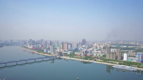 Panoramic view of Pyongyang and the Taedong river in the morning, North Korea