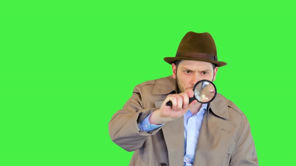 Officer or Retro Private Detective Investigating Crime Looking for Evidence with Magnifying Glass on