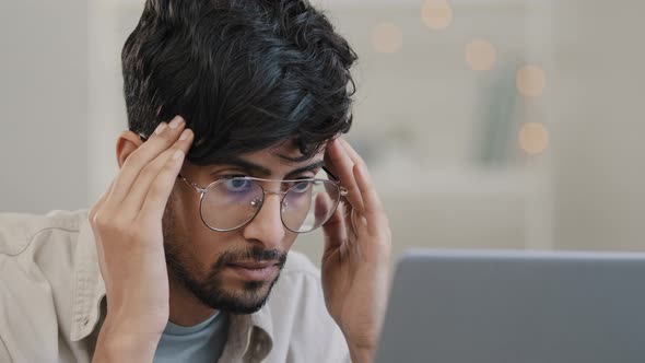Closeup Arab Business Man Student Male Bearded Boss Leader with Glasses Guy Works with Laptop alt