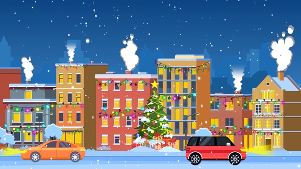 Winter Street Cityscape Building - Snow fall in city - Christmas Cartoon Animations