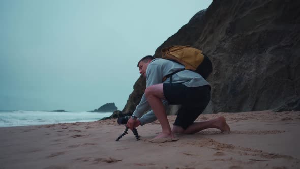 Hipster Traveler Photographer Takes a Photo Beautiful Atlantic alt