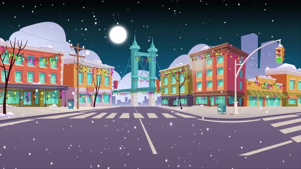 Brooklyn Bridge  _ Winter Night Snow falling in city - Christmas Cartoon Animations