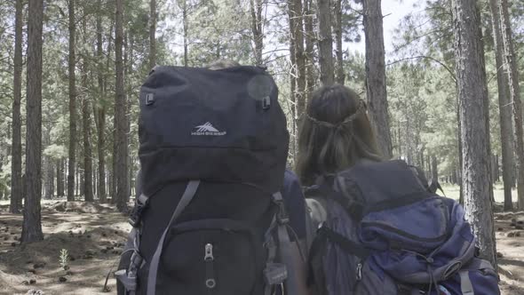 Couple hiking with large backpacks