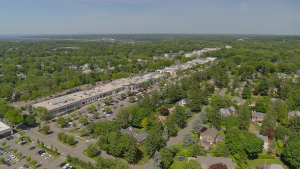 Aerial View of a Shopping Center in a Small Town in Long Island alt
