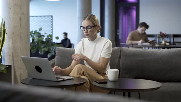 Business Woman Starting Work With Laptop Computer