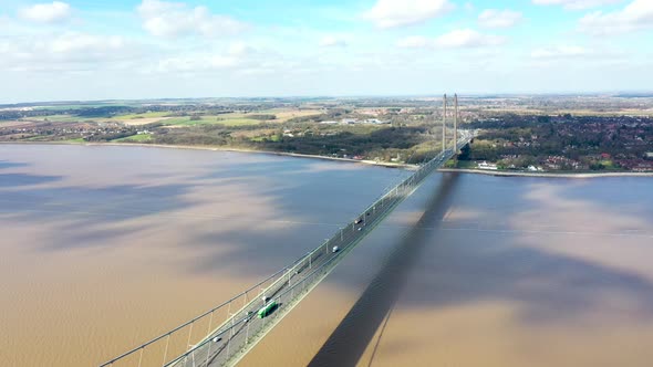Aerial footage of The Humber Bridge, near Kingston upon Hull, East Riding of Yorkshire alt