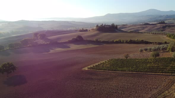 Val d'Orcia Countryside Valley in Tuscany Aerial View alt