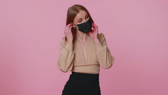 Sad Unhappy Girl Putting on Face Hygienic Medical Mask to Prevent Respiratory Coronavirus Infection alt