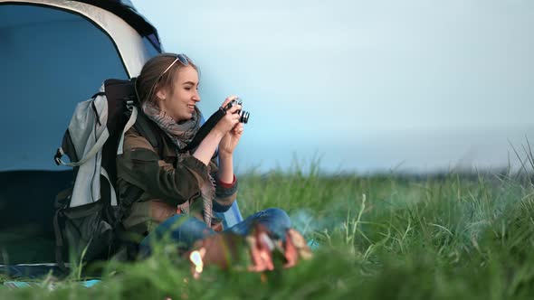 Joyful Photograph Girl Taking Picture of Amazing Natural Scenery alt