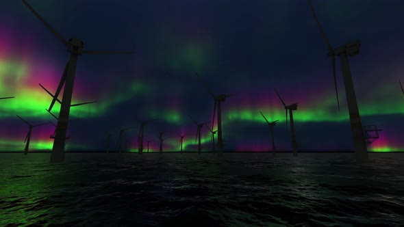 Wind Farm And Northern Lights Aurora Borealis